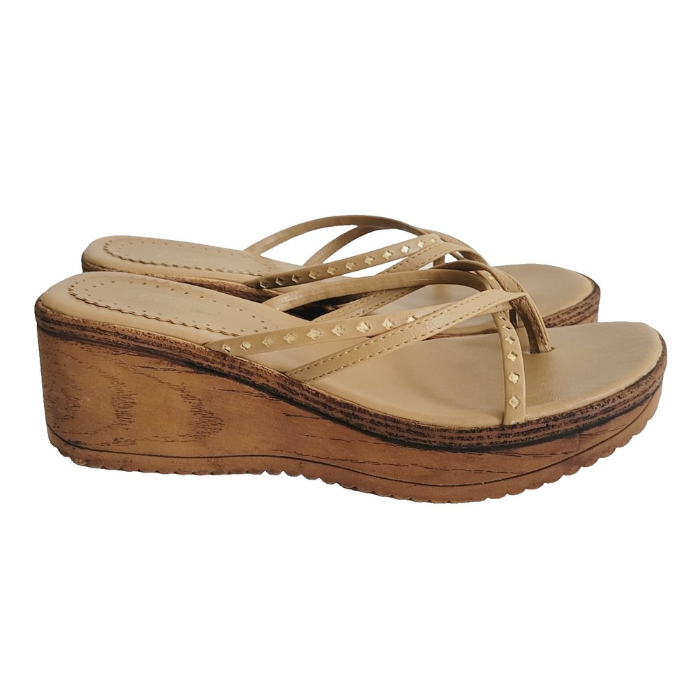 Vintage Y2K AP Brazil Wedge Sandals Womens sz 9 Tan Leather Gold Faux Wood Boho
